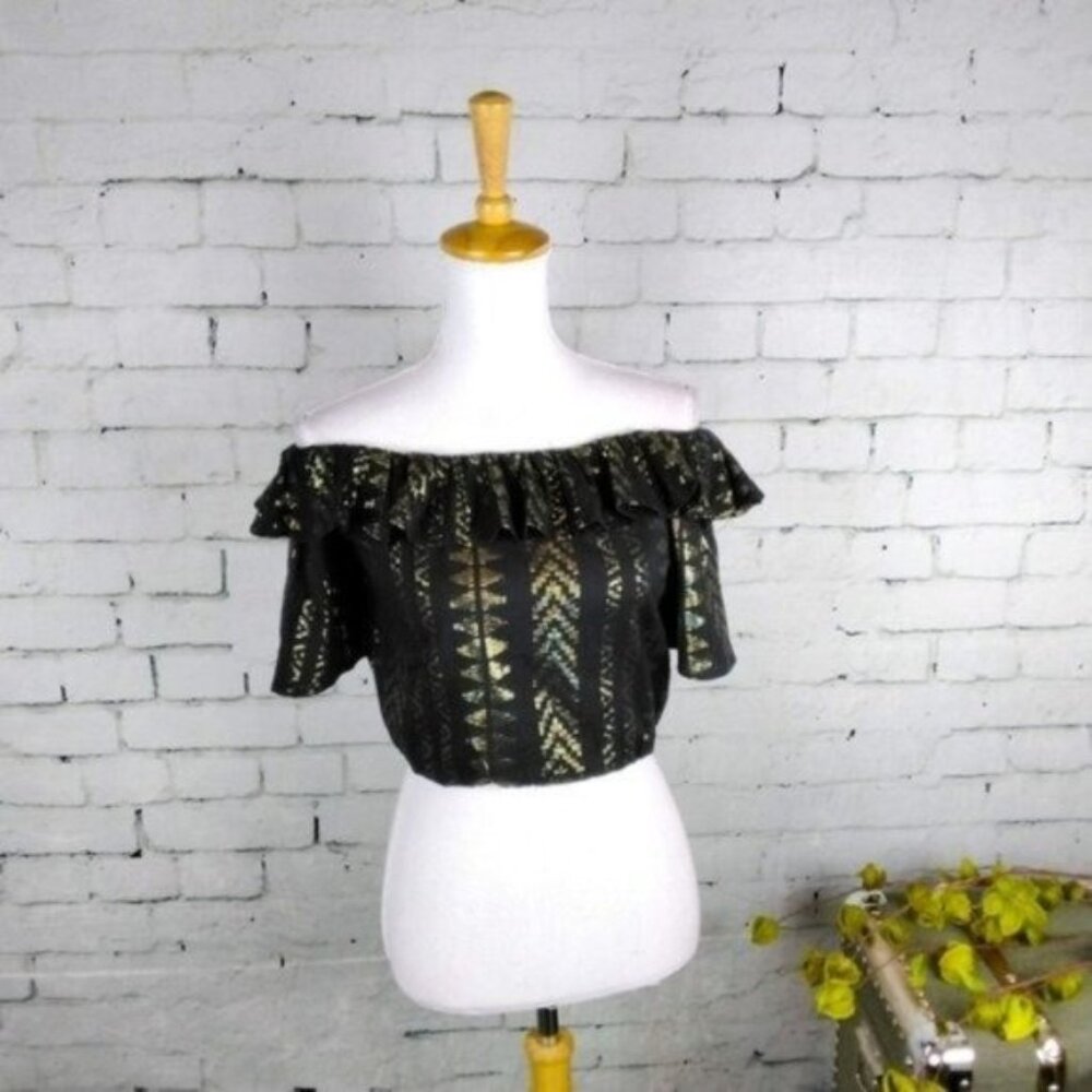Elan Ruffled Off The Shoulder Cropped Top In Black And Gold Size Medium